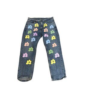 Levis 505 Reworked Daisy Flower Power Denim Jeans Size Boho Hippie 36 x 30